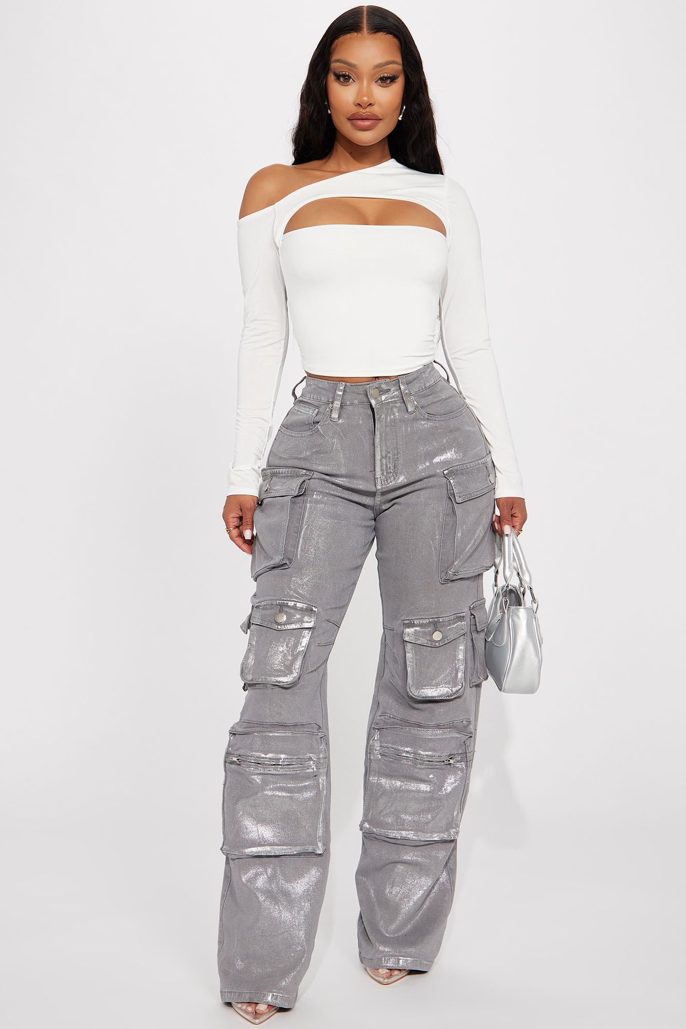 Time To Shine Foil Baggy Cargo Jeans Silver HCWP – HCWP