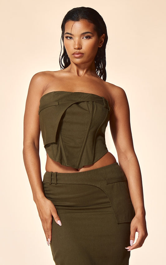 PLT Label Khaki Twill Panel Detail Corset