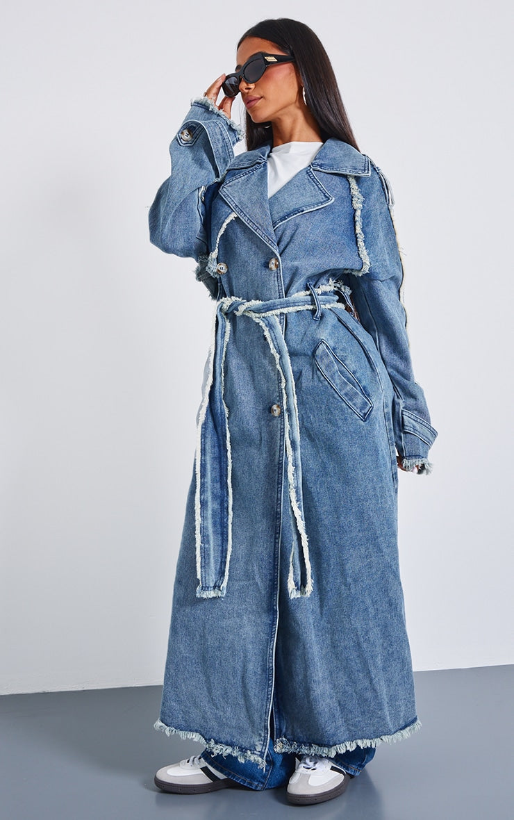 Petite Mid Blue Wash Denim Frayed Edge Maxi Trench Coat