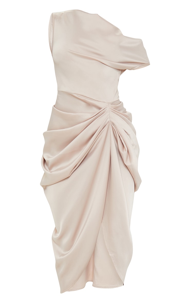 Sage Green Satin Off The Shoulder Draped Skirt Midi Dress