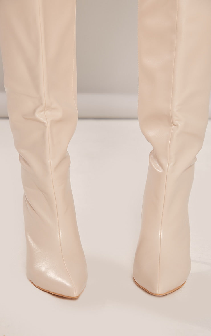 Cream PU Croc Detail Point Toe Stiletto Heeled Knee Boots