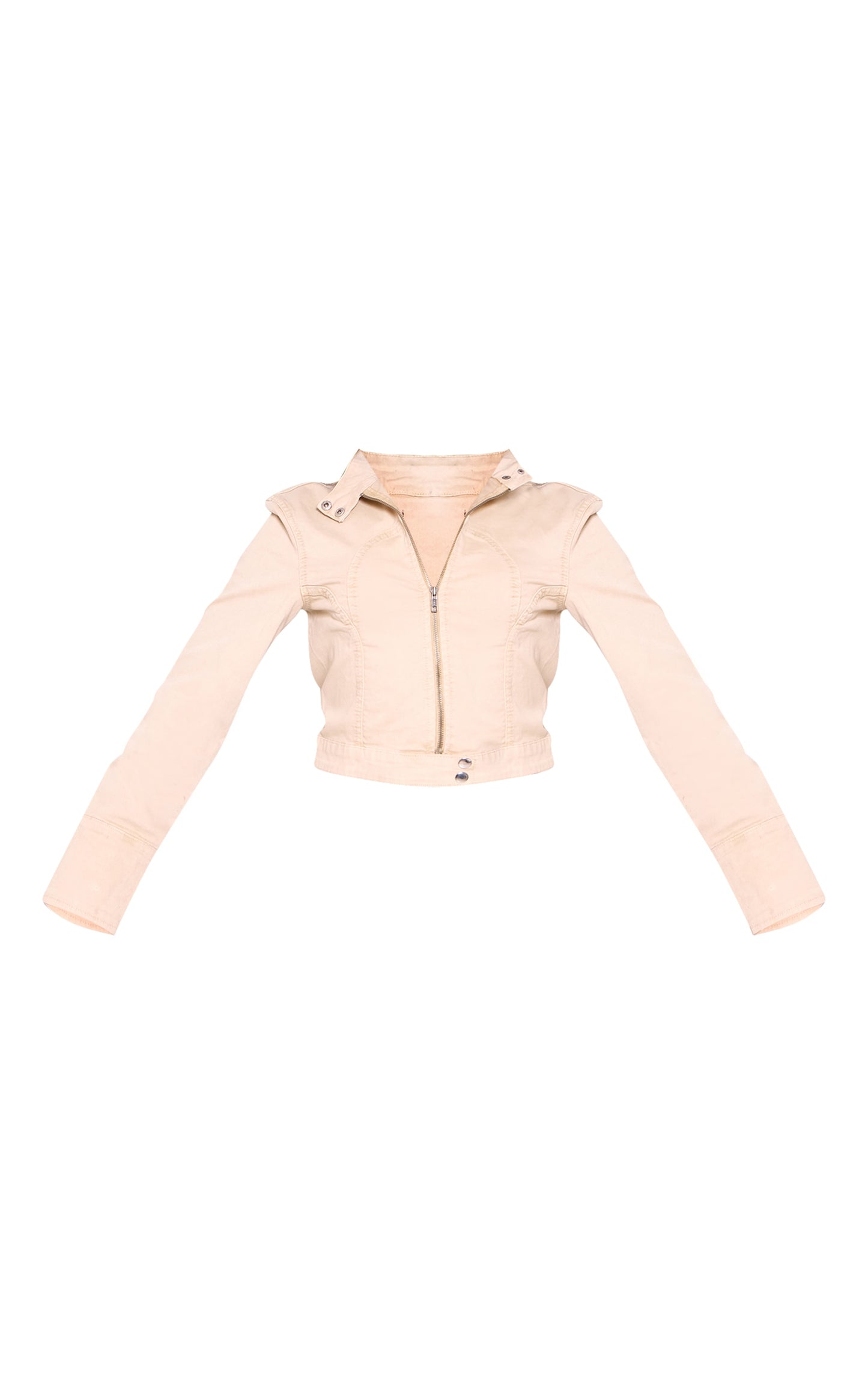 Beige Racer Collar Cropped Denim Jacket