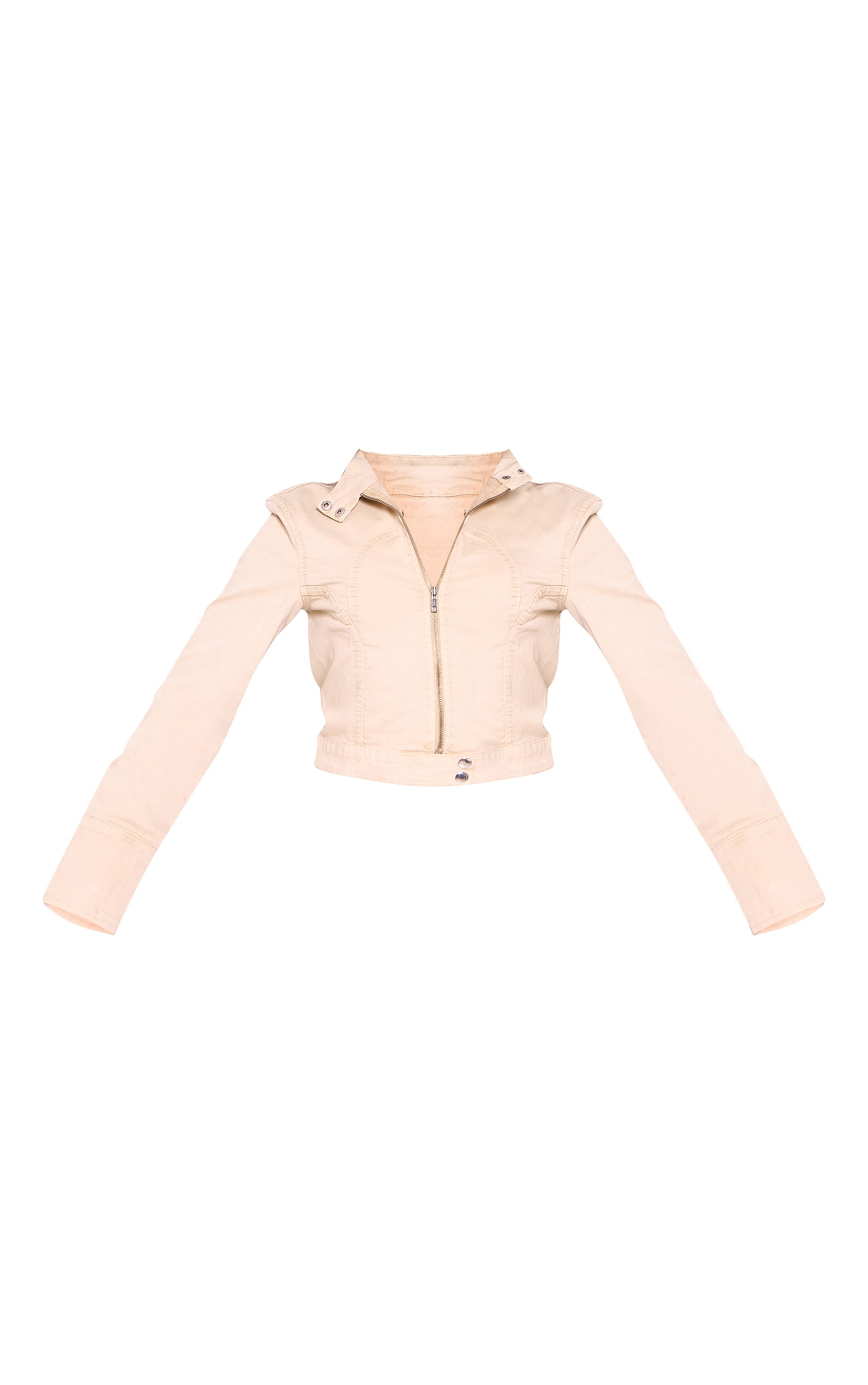 Beige Racer Collar Cropped Denim Jacket