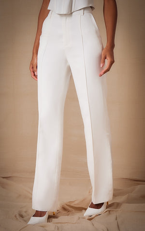 Premium White Woven Pintuck Straight Leg Trousers