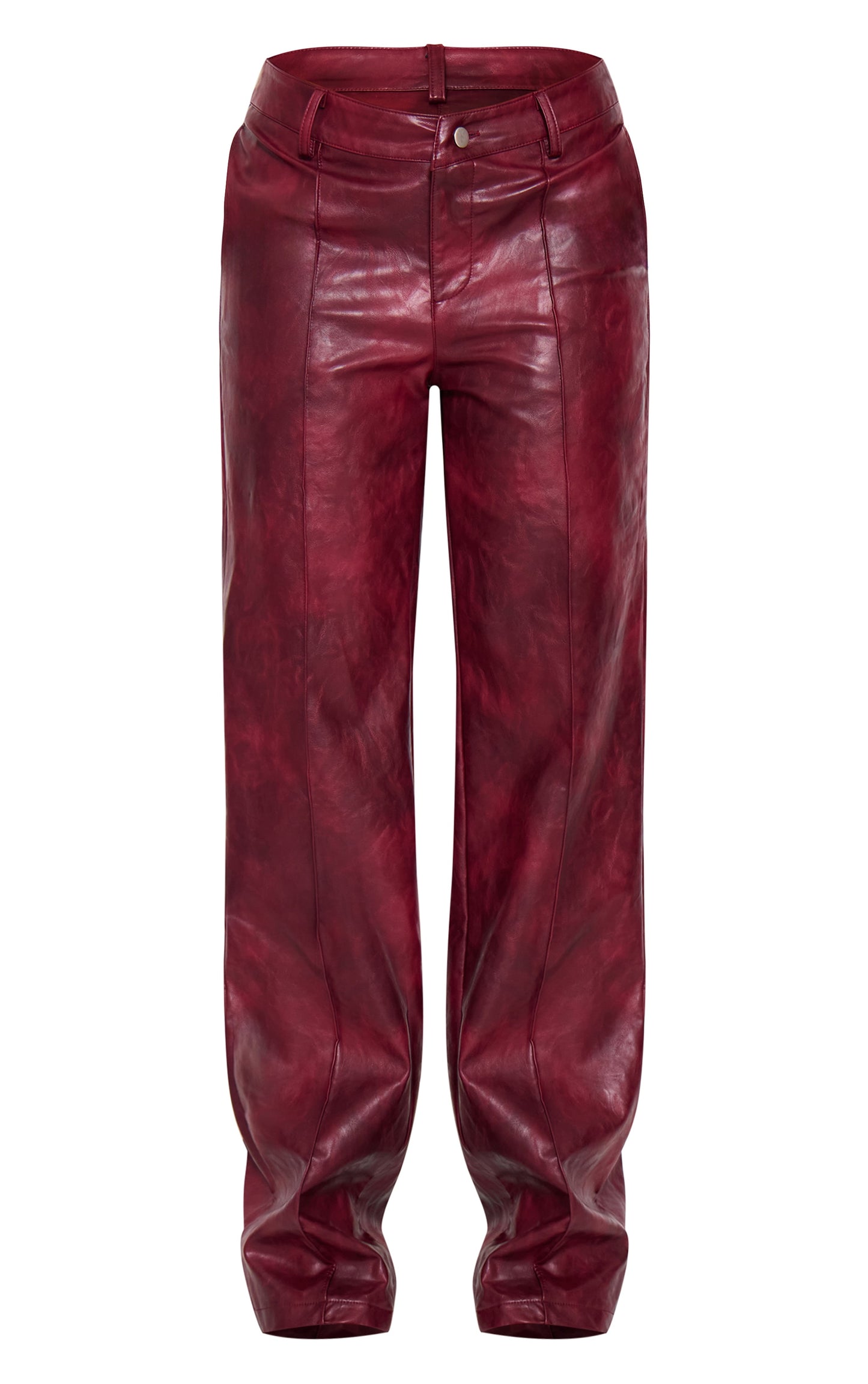 Burgundy Washed Faux Leather Dip Waist Flared Trousers