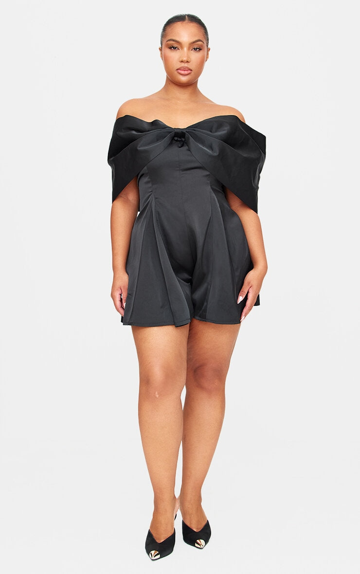 Plus Premium Black Satin Extreme Bow Detail Playsuit