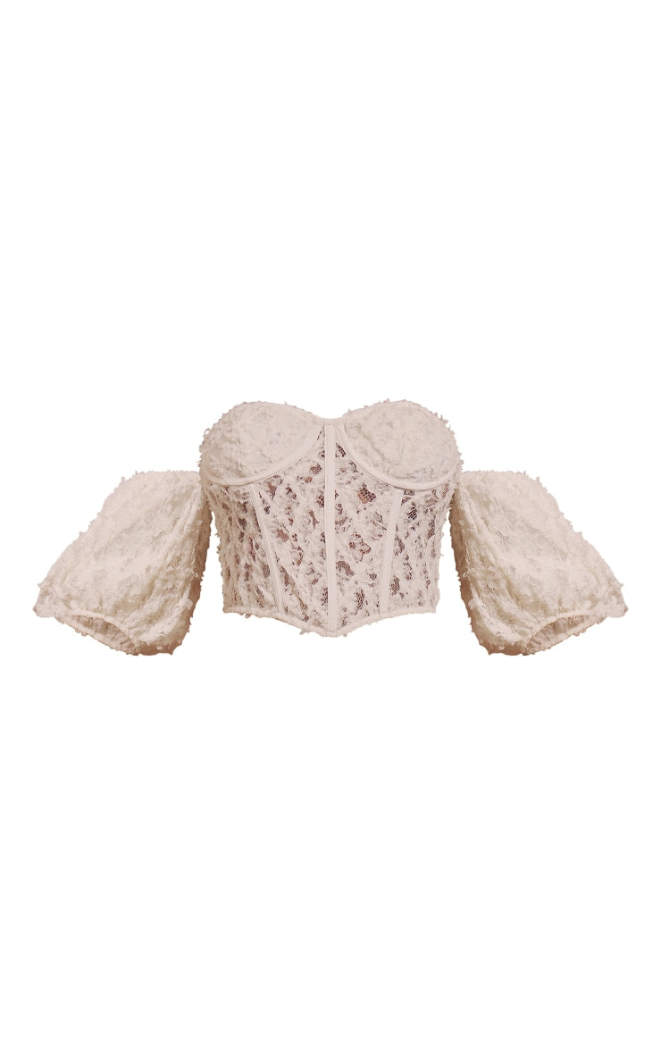 Cream Textured Lace Bardot Puff Sleeve Corset