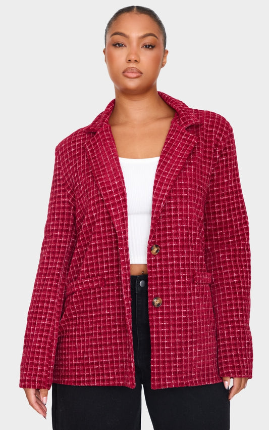 Plus Burgundy Boucle Check Blazer