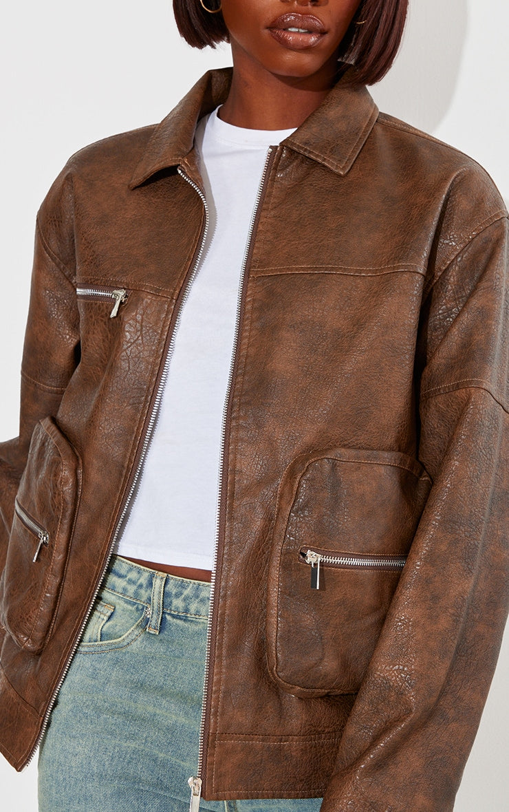 Tall Brown Faux Leather Oversized Utility Jacket