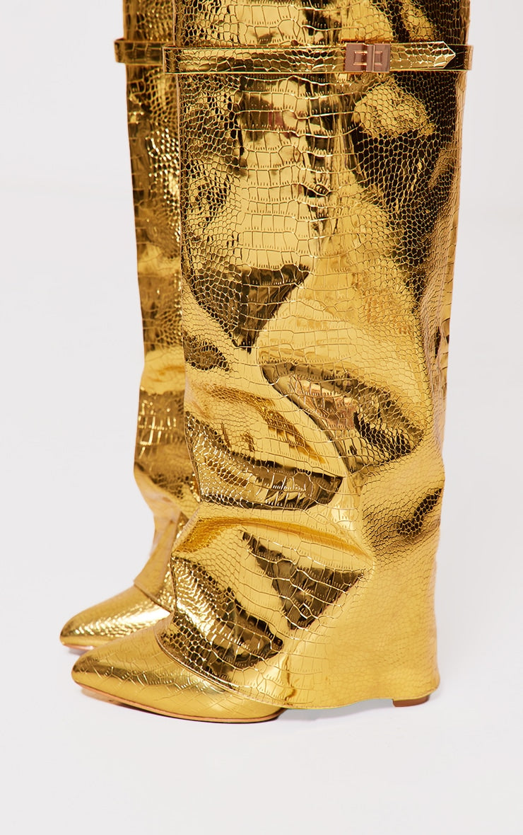 Snake Print PU Fold Over Knee Block Heeled Boots