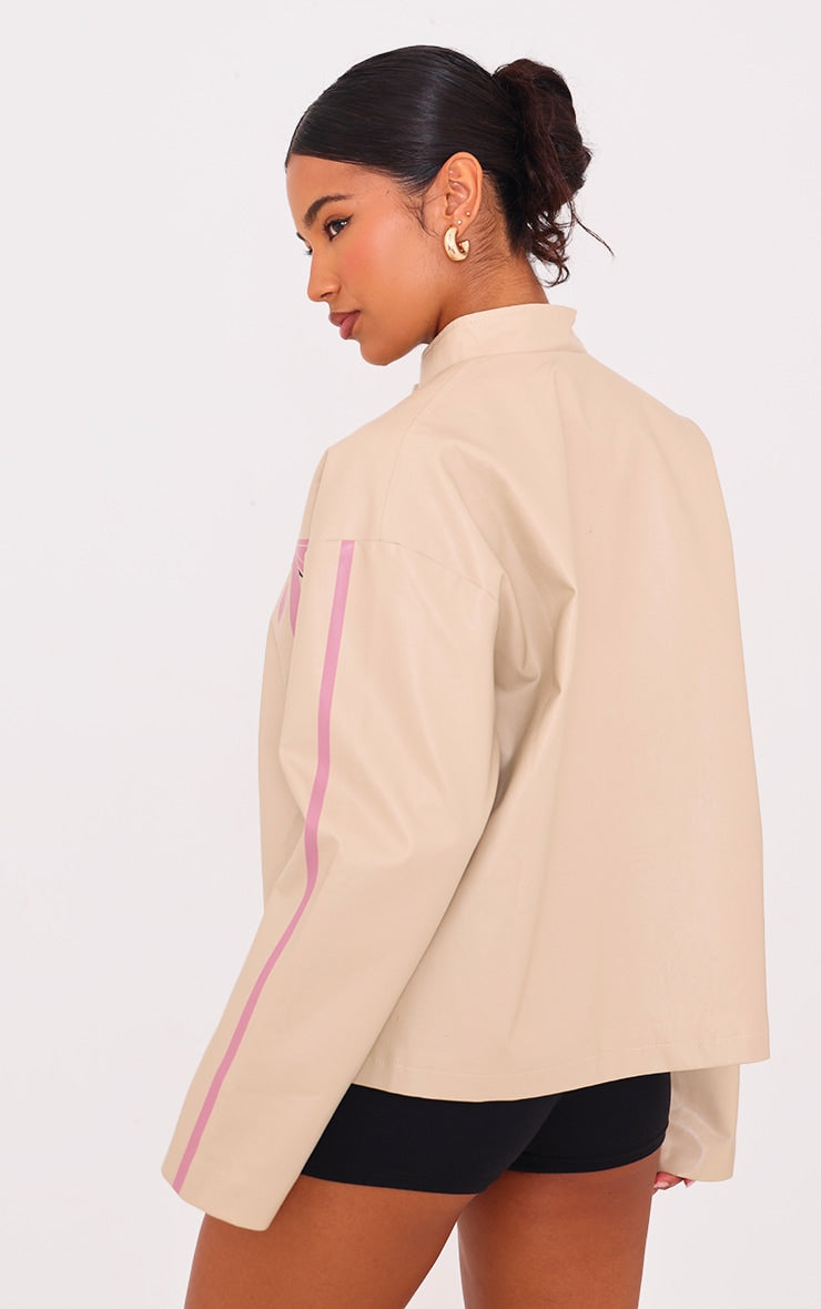 Cream Faux Leather Bow Print Detail Jacket