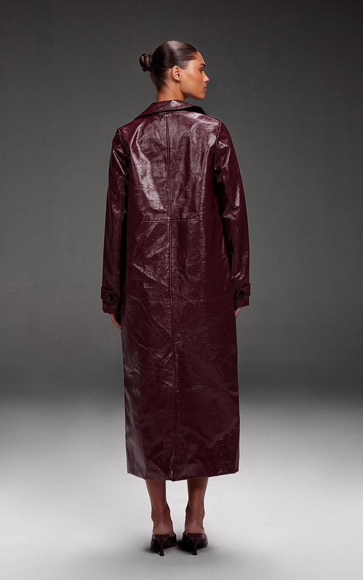 Burgundy High Shine Textured Faux Leather Maxi Coat