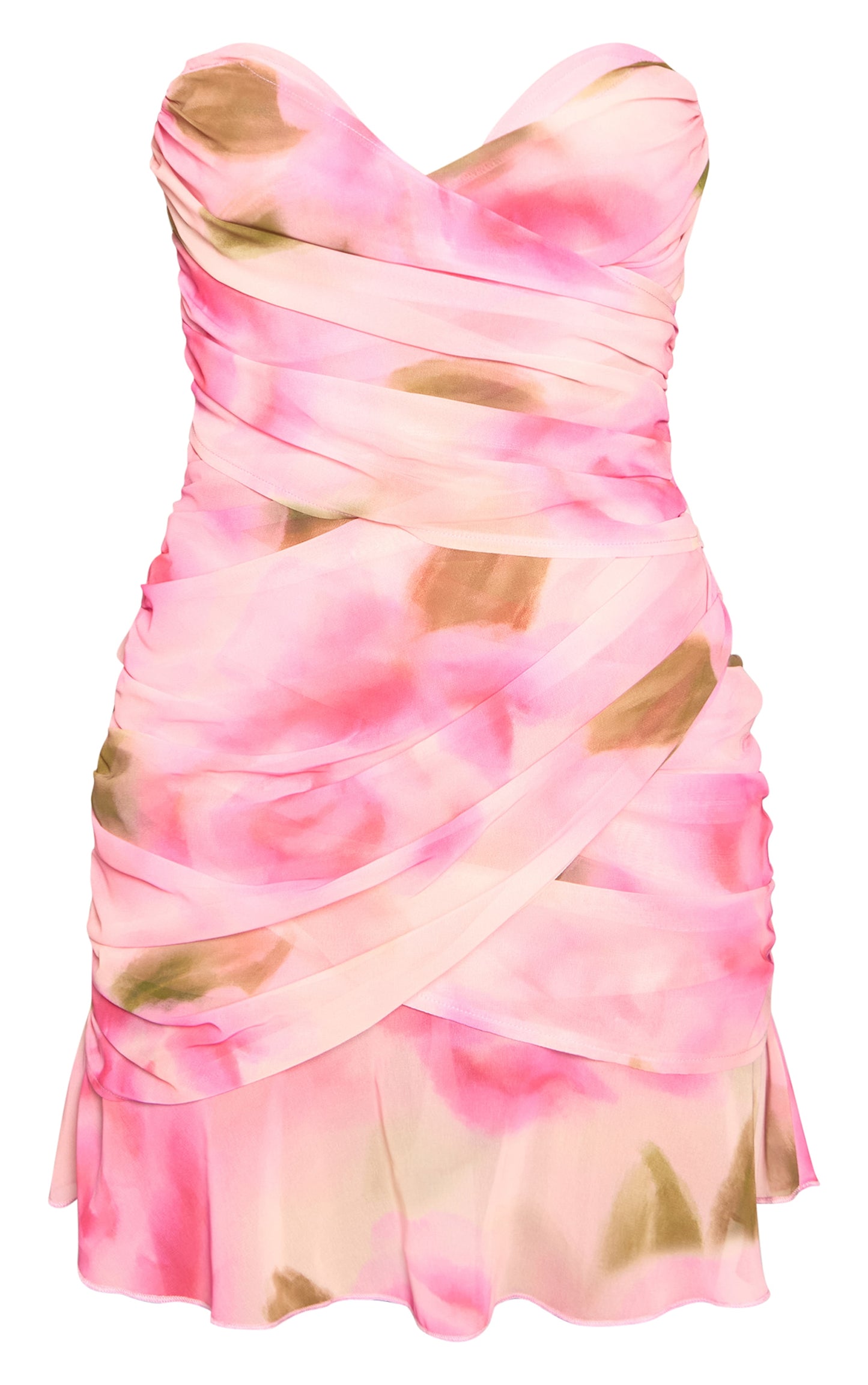 Pink Floral Chiffon Plunge Bandeau Wrap Mini Dress - HCWP 