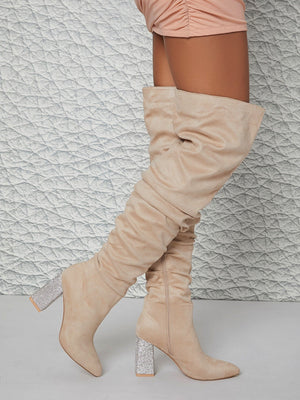 Vegan Suede Embellish Block Heel Scrunch Knee High Booties - HCWP 