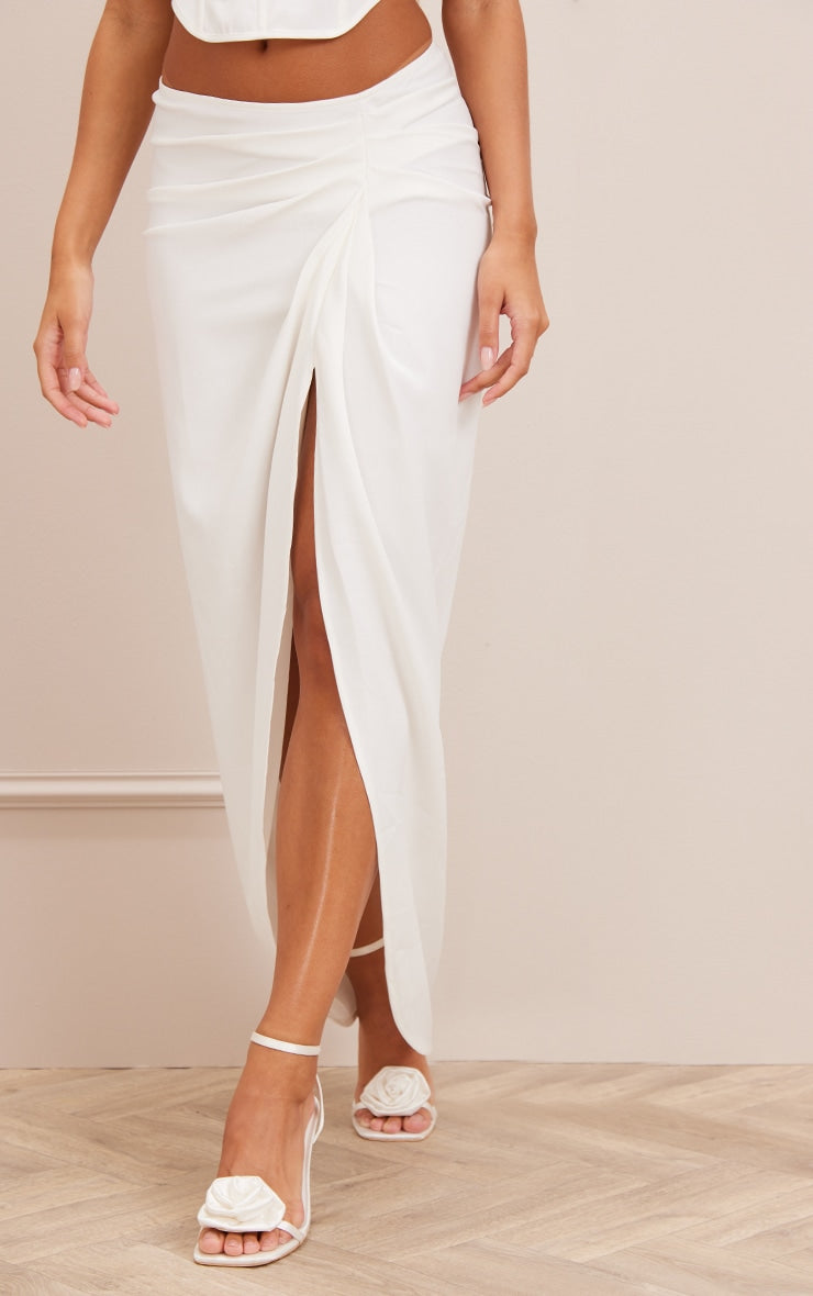 White Woven Ruched Midaxi Skirt