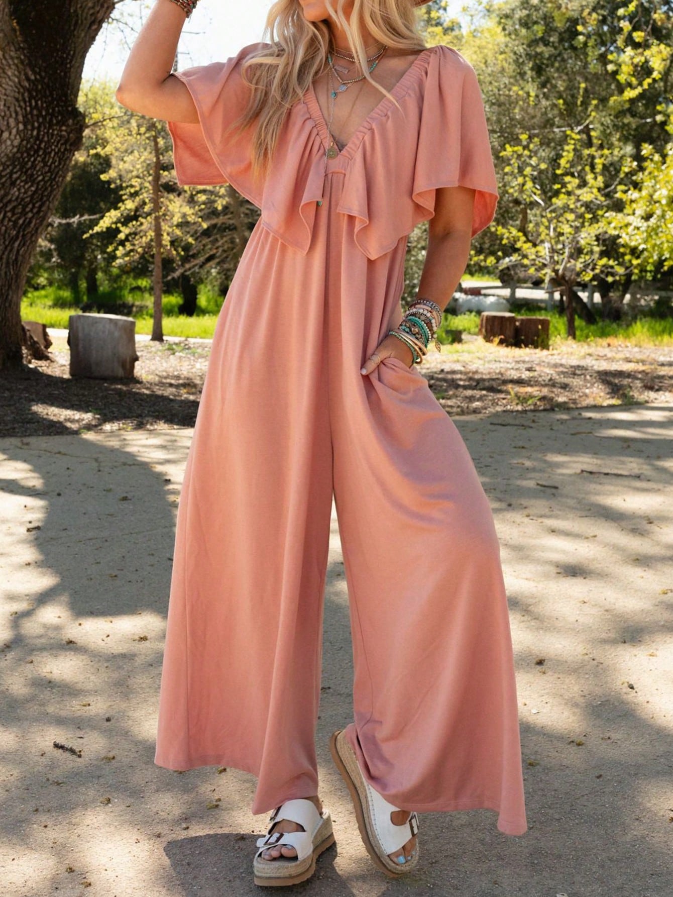 Deep V-Neck Style Loose-Fitting Ruffled Cuffs Loose-Fitting Pants Jumpsuit