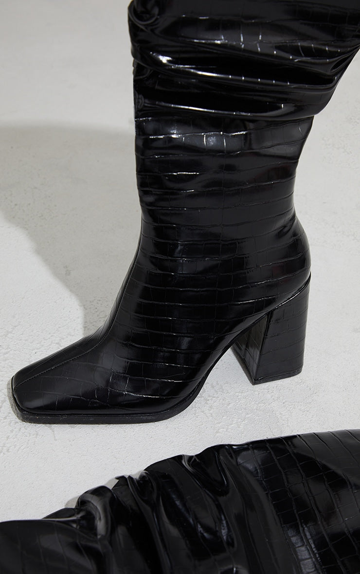 Black High Block Heel Croc Knee High Boots