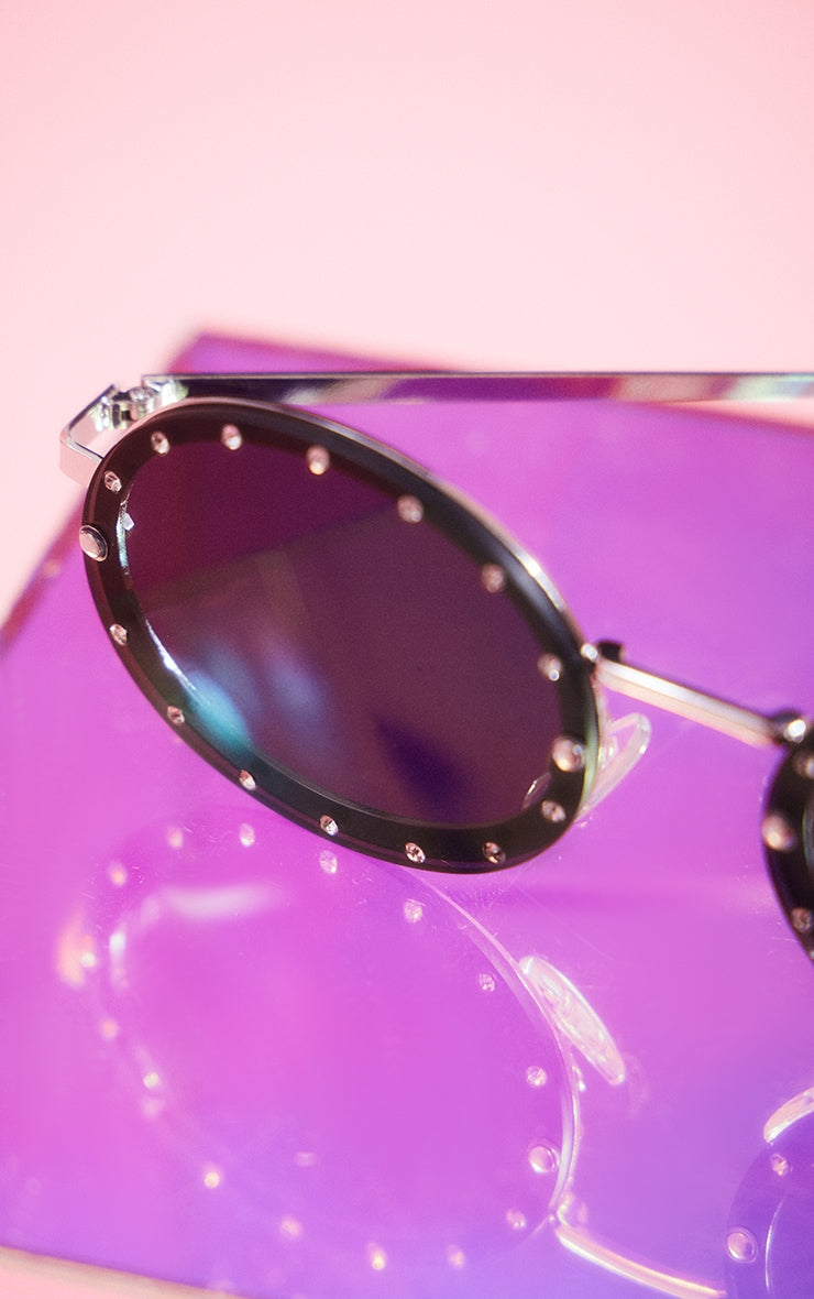 Black Round Lens Diamante Detail Sunglasses