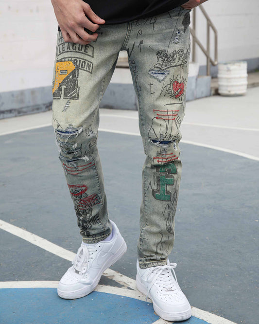 Detailing Graffiti Ripped Blue Washed Jeans - HCWP 