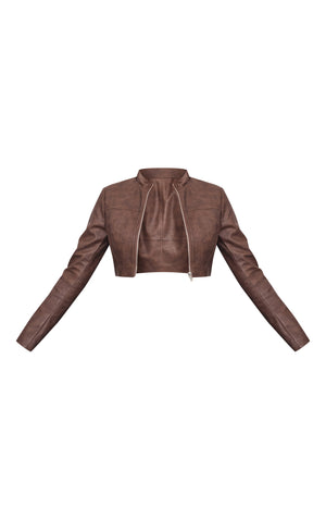 Brown Faux Leather Panel Details Biker Jacket