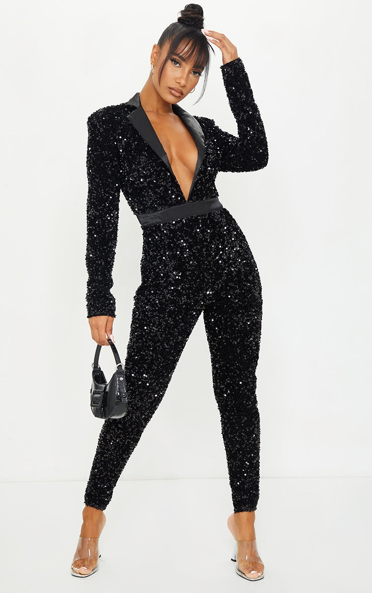 Black Velvet Sequin Plunge Front Tailored Jumpsuit