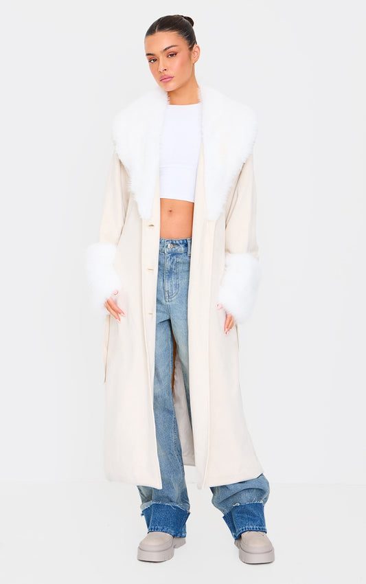 Sand Faux Fur Trim Contrast Faux Suede Coat