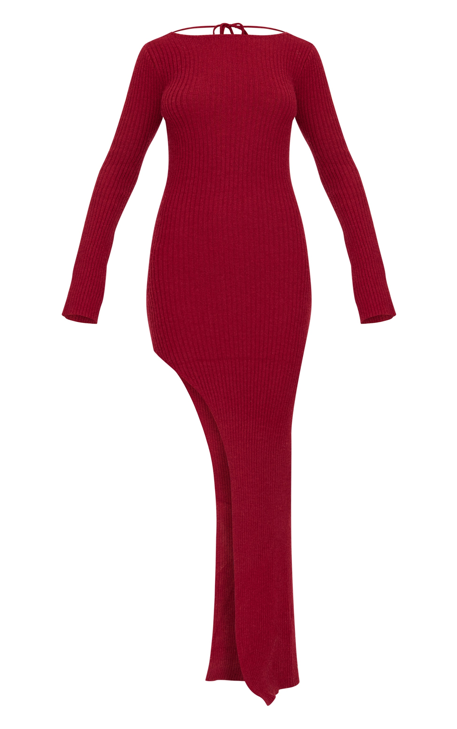 Burgundy Rib Knit Low Back Long Sleeve Maxi Dress