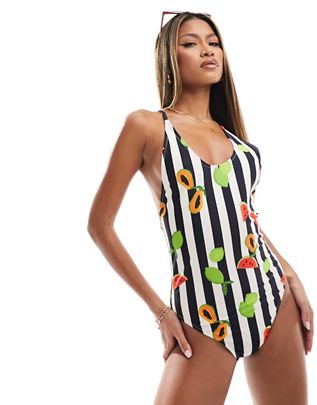 Urban Threads striped fruit print cross back detail swimsuit