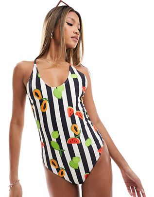 Urban Threads striped fruit print cross back detail swimsuit