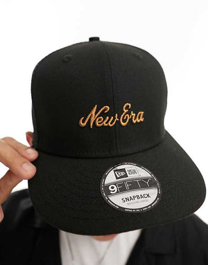 New Era script logo 9fifty snapback cap with mesh back in black