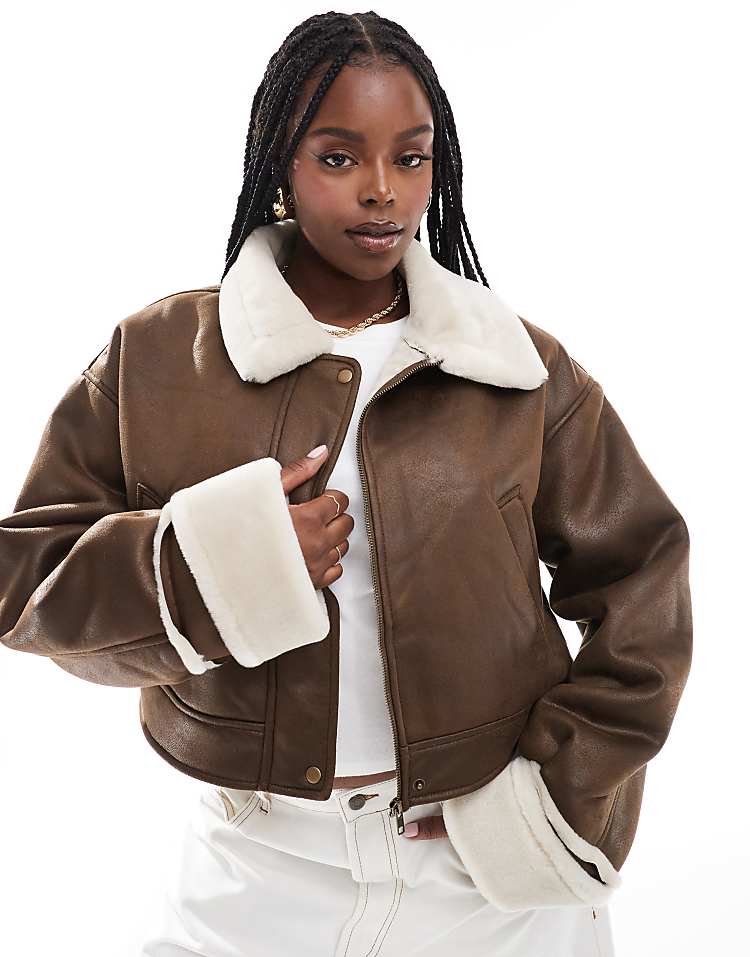 ASOS DESIGN Curve top collar shearling jacket in hazelnut