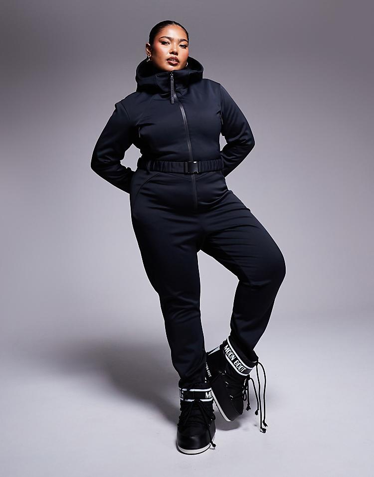 ASOS 4505 Curve Ski belted ski suit with skinny leg and hood in black