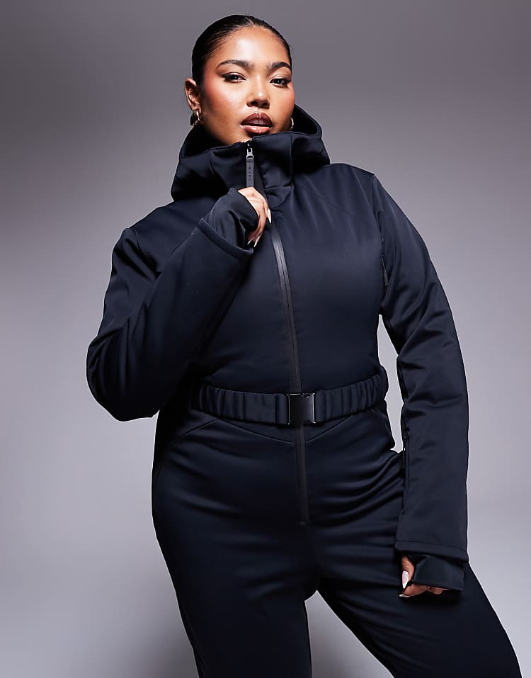 ASOS 4505 Curve Ski belted ski suit with skinny leg and hood in black