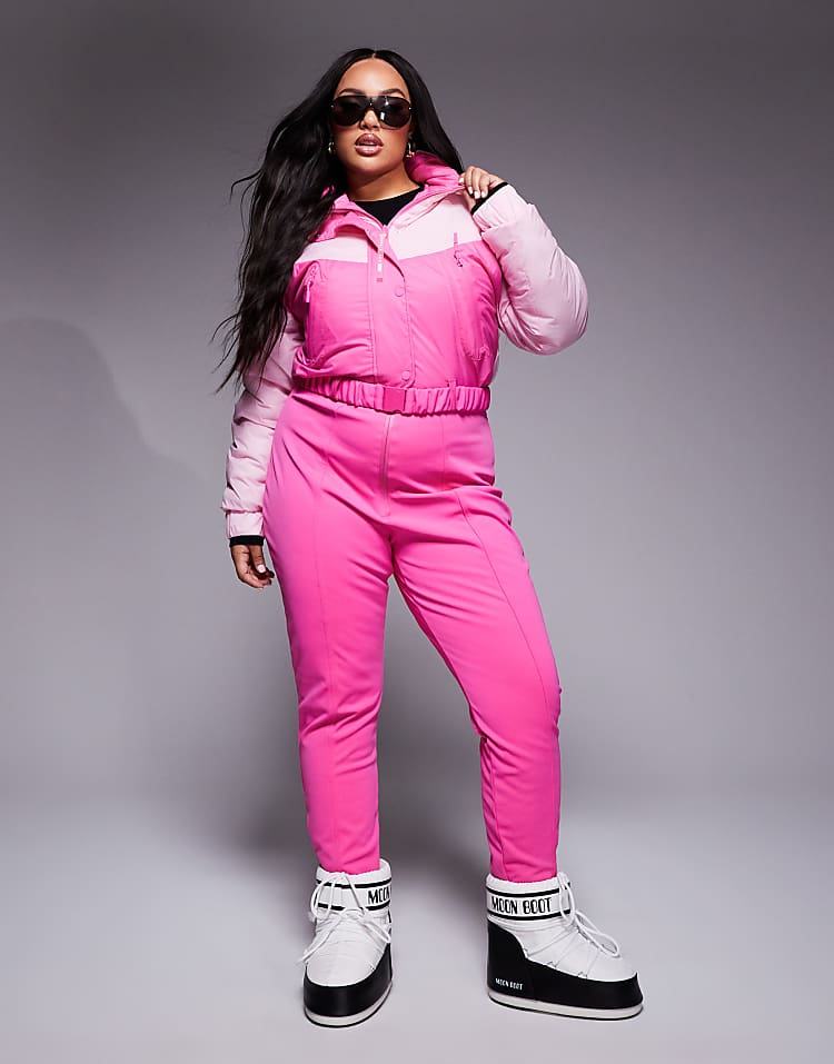 ASOS 4505 Curve Ski water repellent insulated colour block retro ski suit in pink