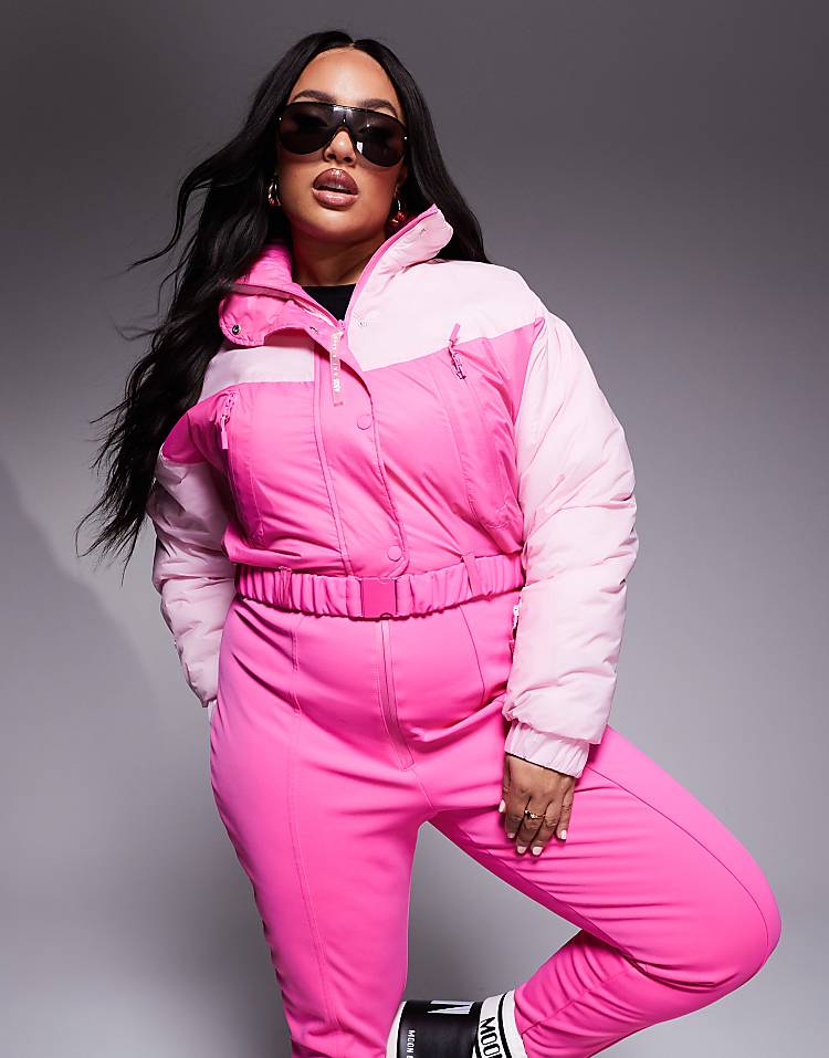 ASOS 4505 Curve Ski water repellent insulated colour block retro ski suit in pink