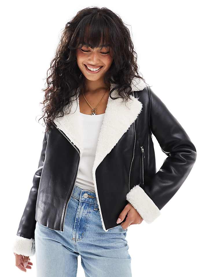 Threadbare aviator jacket with borg contrast collar in black