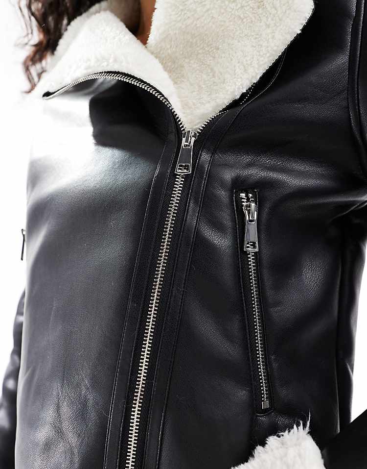 Threadbare aviator jacket with borg contrast collar in black