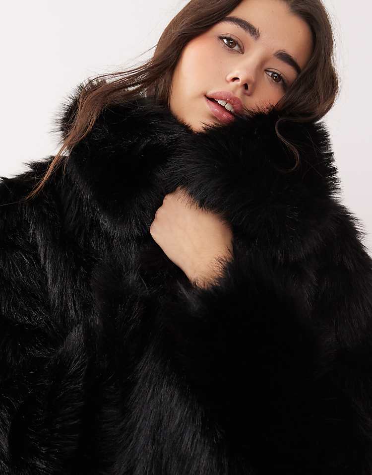 Miss Selfridge mid length faux fur coat in black