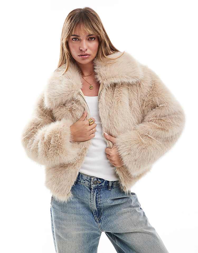 Miss Selfridge faux fur bomber jacket with collar in stone