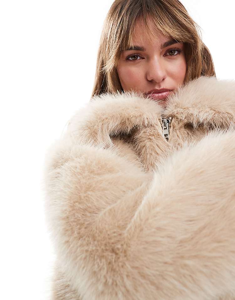 Miss Selfridge faux fur bomber jacket with collar in stone