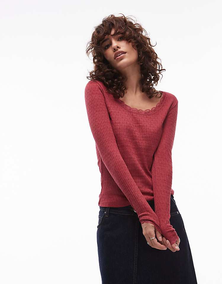 Topshop lace pointelle long sleeve top in burgundy