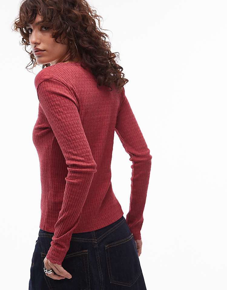 Topshop lace pointelle long sleeve top in burgundy