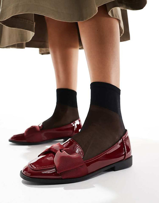 ASOS DESIGN Wide Fit Mentor bow loafer flat shoes in burgundy patent