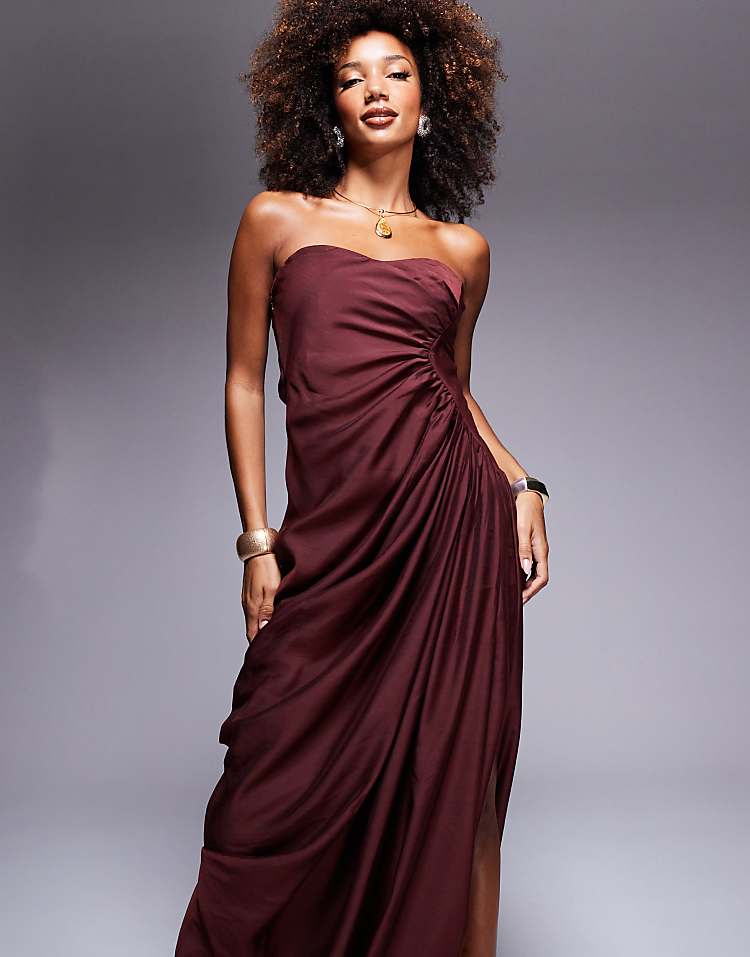 ASOS DESIGN bandeau draped  maxi dress in burgandy