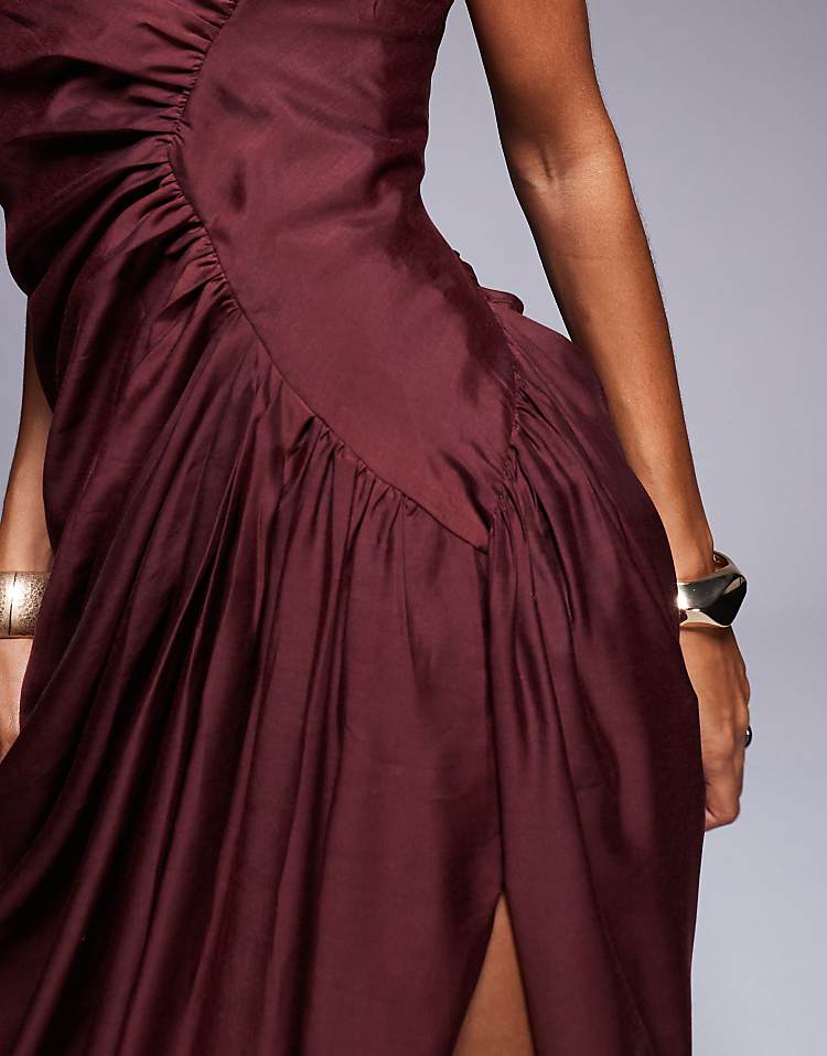 ASOS DESIGN bandeau draped  maxi dress in burgandy