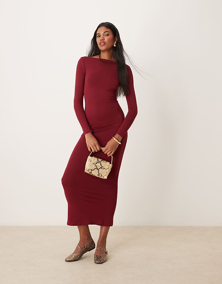 Miss Selfridge long sleeve slash neck maxi dress in burgundy