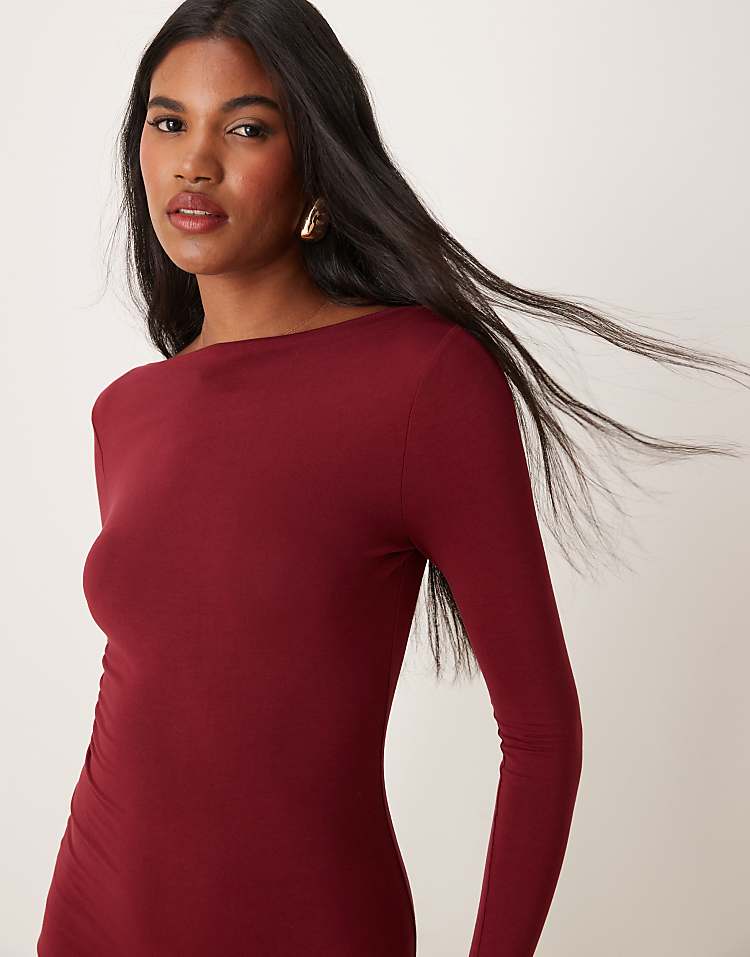 Miss Selfridge long sleeve slash neck maxi dress in burgundy