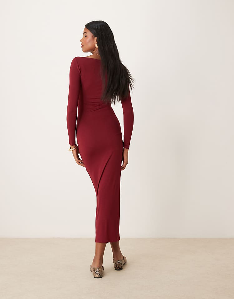 Miss Selfridge long sleeve slash neck maxi dress in burgundy