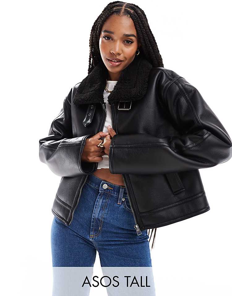 ASOS DESIGN Tall funnel neck aviator jacket in black