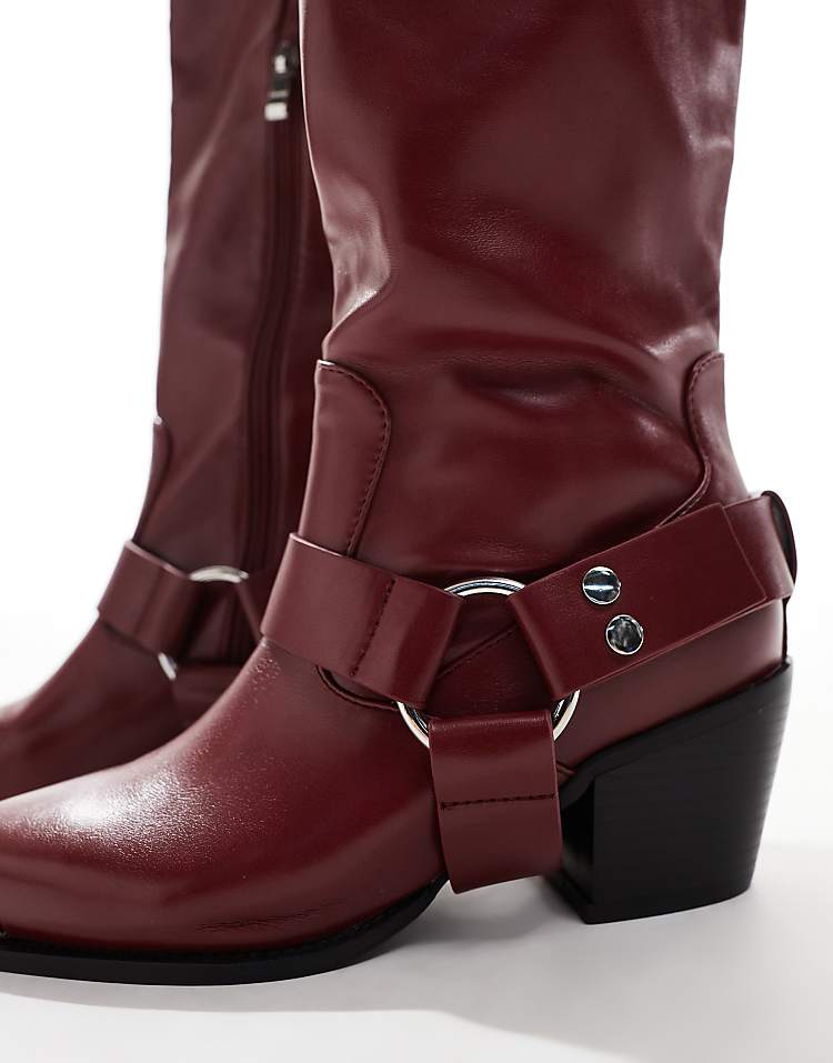 Azalea Wang Ria over the knee western boots in burgundy